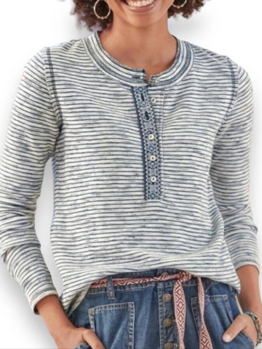 Sundance Cool Escape Henley Gray Blue Ivory Striped Embroidered Thermal Top PXS